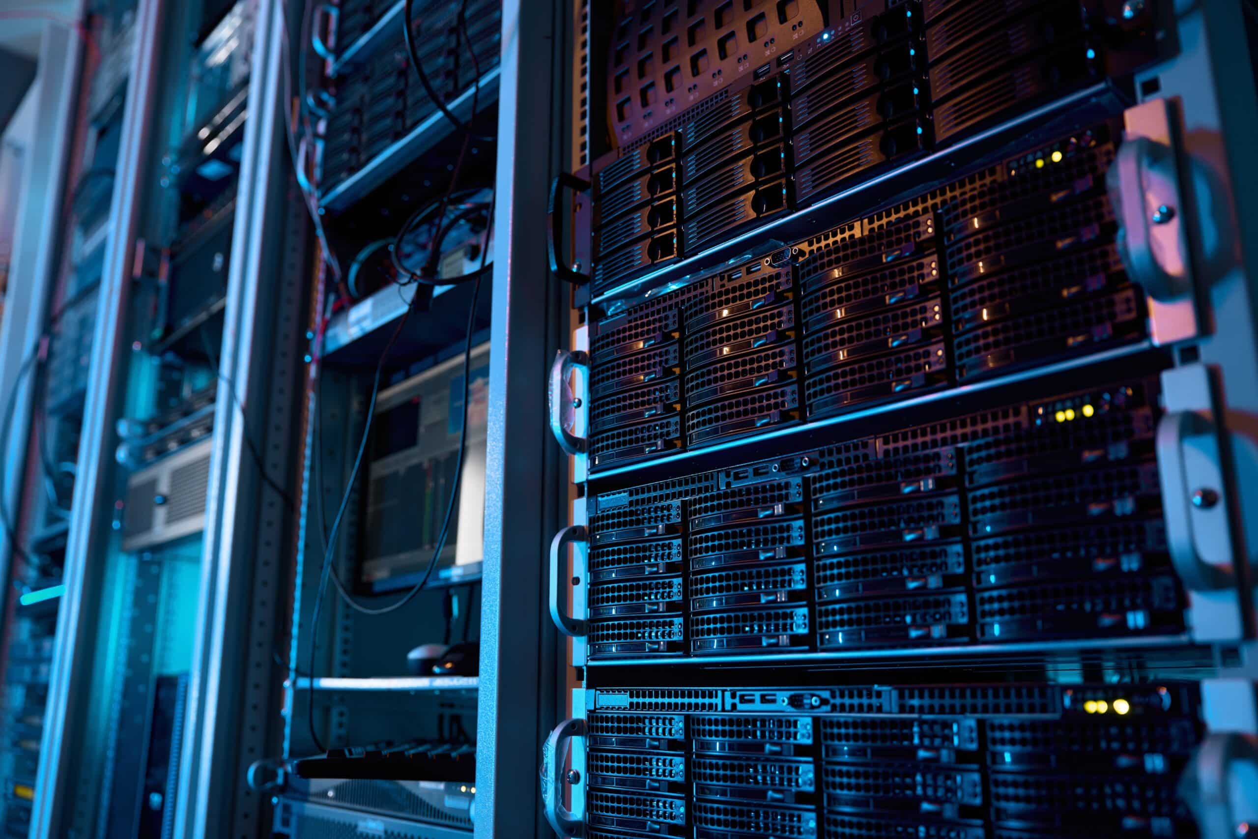 Server rack in a dark data center